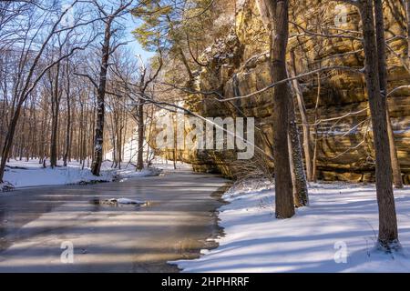 Gefrorener Bach im Illinois Canyon Bereich des Hungered Rock State Park. Illinois, USA. Stockfoto