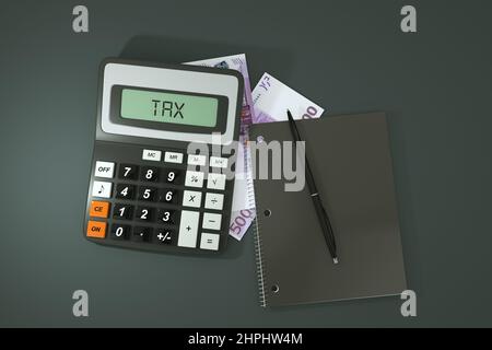 3D Darstellung einer Komposition aus Euro-Noten, einem Rechner, einem Notenbuch und einem auf dunklem Hintergrund isolierten Stift. Design-Konzept für Steuerhintergrund Stockfoto