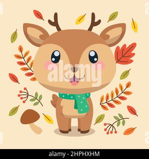Isoliert niedlichen Hirsch Charakter mit einem Schal Herbst Hintergrund Vektor Stock Vektor