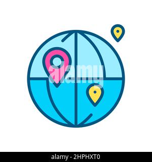 Weltkarte mit Zeigern. Globale Lieferung und Kommunikation. Pixel-perfektes, bearbeitbares Symbol für Konturfarbe Stock Vektor