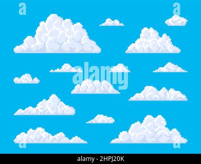 Weiße Pixel flauschige Blase Wolken auf blauem Himmel Hintergrund. Retro-Spiel, 8bit Pixel Kunst-Ikonen oder acht-Bit-Arcade-Mosaik-Hintergrund mit quadratischen Pixel Wolke Stock Vektor
