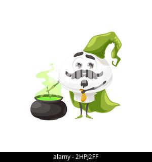 Pilz Cartoon Charakter Kochen Trank in Kessel isoliert lustige Gemüse in Zauberer Hut und grünen Umhang. Vector niedlich Gemüse Kinder Kinder Essen, f Stock Vektor