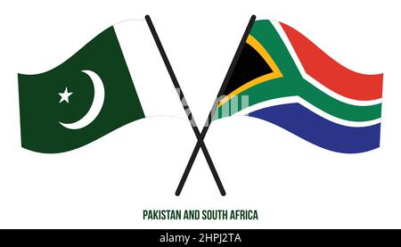 Pakistan und Südafrika Flaggen gekreuzt und winken Flat Style. Offizieller Anteil. Korrigieren Sie Die Farben. Stock Vektor
