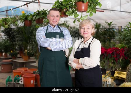 Zwei Gärtner stehen in der Nähe von Pflanzen Stockfoto