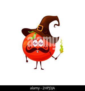 Cartoon Tomate Zauberer oder Zauberer Charakter. Lustige Vektor Gemüse wiz in Hexenhut und Zauberstab. Rot reifer Tomatenzauber mit Schnurrbart auf lächelndem Gesicht Stock Vektor