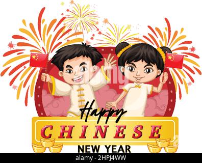 Happy Chinese New Year Poster Design mit Jungen und Mädchen Illustration Stock Vektor