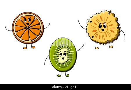 Süße Fruchtfreunde im Cartoon-Stil. Orange-, Kiwi- und Ananasvitaminfiguren lächeln und winken gemeinsam Hallo Stock Vektor