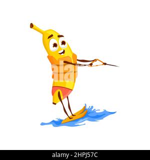 Banane in Rettungsweste Surfen auf Wasserskiern isoliert Cartoon-Charakter. Vector gelben Sommer Obst Wasserski, Kiteboarding Sport Aktivität. Essensemot Stock Vektor