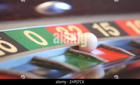 Ball auf französischem Roulettetisch im Casino. Rad dreht, dreht oder dreht sich. Ungerade und gerade Zahlen, schwarze, rote und Null-Sektoren. Glücksspiel, Geldspiel, Glücksspiel. Nahtloser Cinemagraph mit Schleife. Stockfoto
