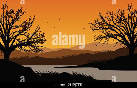 Fantastische Aussicht auf die Berge vom Flussufer in der Abenddämmerung mit den Silhouetten großer trockener Bäume rundherum. Vektorgrafik Stock Vektor