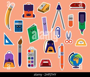 Schulaufkleber mit weißem Umriss. Bedruckbarer Aufkleber für Scrapbooking. Sammlung von Schulbedarf im Doodle-Stil Stock Vektor