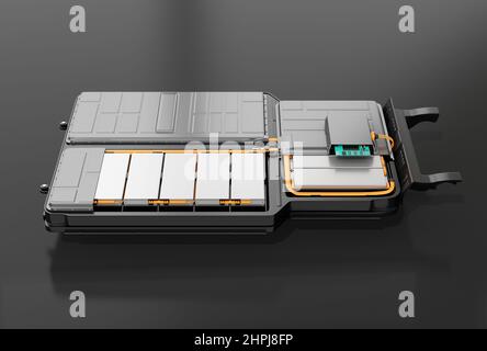 Schnittansicht des Batteriepacks eines Elektrofahrzeugs auf schwarzem Hintergrund. 3D Rendering des Bildes. Stockfoto