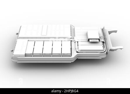 Tonwiedergabe. Schnittansicht des Akkupacks für Elektrofahrzeuge. 3D Rendering des Bildes. Stockfoto