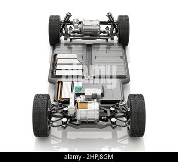 Schnittansicht des Fahrgestells für Elektrofahrzeuge mit Akku auf weißem Hintergrund. 3D Rendering des Bildes. Stockfoto