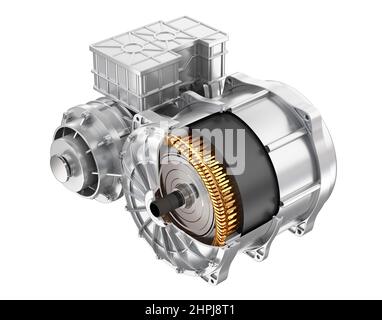 Schnittansicht des Elektrofahrzeugmotors mit Aufhängung auf weißem Hintergrund. 3D Rendering des Bildes. Stockfoto