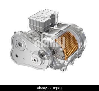 Schnittansicht des Elektrofahrzeugmotors mit Aufhängung auf weißem Hintergrund. 3D Rendering des Bildes. Stockfoto
