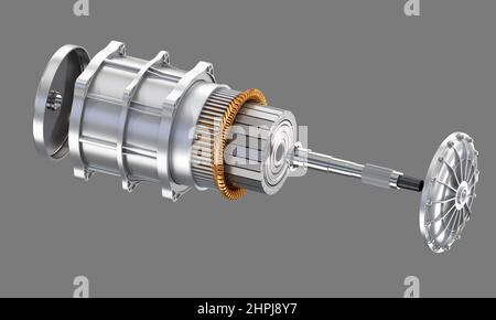 Schnittansicht des Elektrofahrzeugmotors mit Aufhängung auf grauem Hintergrund. 3D Rendering des Bildes. Stockfoto