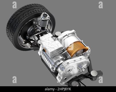 Schnittansicht des Elektrofahrzeugmotors mit Aufhängung auf grauem Hintergrund. 3D Rendering des Bildes. Stockfoto