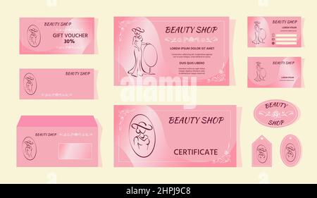 Visuelle Markenidentität, Unternehmensstil. Schönheitssalon, Mode Boutique Design Vorlage Set. Umriss einer Dame mit Spiegel. Blüht. Rosa Vorlagen Stock Vektor