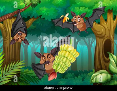 Waldszene mit Gruppe von Fledermäusen in Cartoon-Stil Illustration Stock Vektor