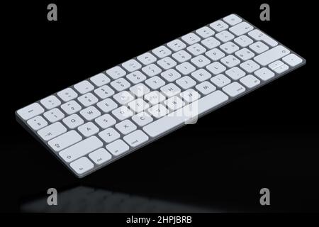Moderne Aluminium-Computer-Tastatur auf schwarzem Hintergrund isoliert. 3D-Rendering von Ausrüstung für Heimbüro und Arbeitsplatz Stockfoto