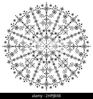 Nordisch isländische Rune Stil geometrische Vektor Mandala Design- Tribal Linie Kunst Dekoration mit Monden, Blumen Stock Vektor