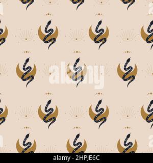 Nahtloses Muster mit Boho Magic Schlange und Mond. Mystisches Symbol im trendigen minimalistischen Stil. Esoterische Vektorgrafik. Handgezeichneter Bohemian Stock Vektor