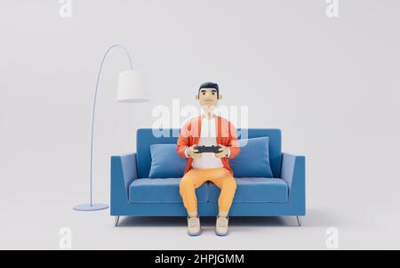 Ein Zeichentrickfilm-Mann spielt Spiel auf dem Sofa, 3D Rendering. Digitale Zeichnung des Computers. Stockfoto