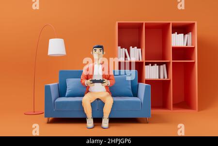 Ein Zeichentrickfilm-Mann spielt Spiel auf dem Sofa, 3D Rendering. Digitale Zeichnung des Computers. Stockfoto