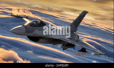 General Dynamics F-16 Kampf gegen Falcon in einem dynamischen Flug Stockfoto