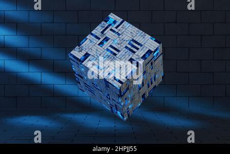 Würfel und Materialien mit dunklem Raum, 3d-Rendering. Digitale Zeichnung des Computers. Stockfoto
