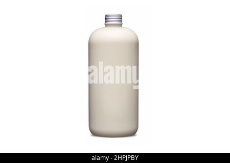 Beige Flasche mit Metall-Aluminium-Kappe isoliert auf weißem Hintergrund. Kosmetikflasche mit Spender Flüssigkeitsbehälter für Gel, Lotion, Badeschaum 3D Stockfoto