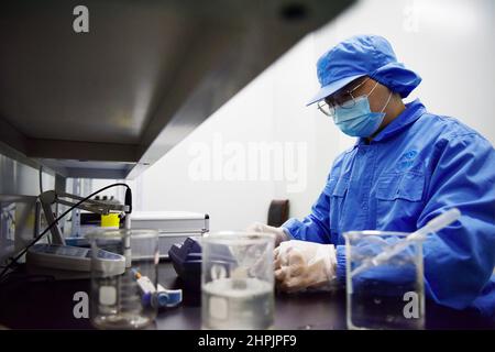 ZHANGJIAKOU, CHINA - 22. FEBRUAR 2022 - Am Februar Arbeitet Ein Techniker im Umweltschutzlabor in Zhangjiakou, Provinz Hebei, China Stockfoto
