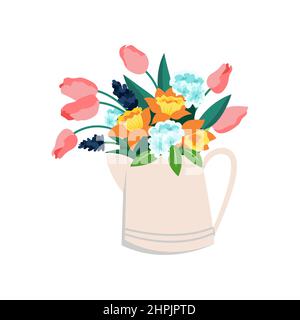 Krug mit Blumen, Tulpen und Narzissen, Frühlingsstrauß mit Hortensien. Vektorgrafik Stock Vektor