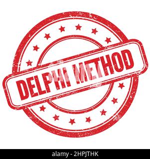 DELPHI-METHODENTEXT auf rotem Vintage-grungy-rundem Gummistempel. Stockfoto