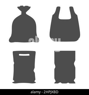 Set mit schwarzen und weißen Illustrationen mit Plastikverpackungen, Taschen. Isolierte Vektorobjekte auf weißem Hintergrund. Stock Vektor