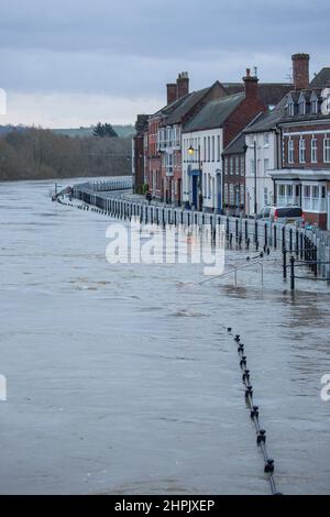 Bewdley UK. 22nd. Februar 2022. Die Umweltbehörde hat eine schwere Hochwasserwarnung Bewdley, Worcestershire, herausgegeben, die auf extrem hohe Flusswerte am Fluss Severn zurückzuführen ist, die zu überhöhten provisorischen Hochwasserbarrieren führen können. Die Bewohner dieses Hochwasserrisikogebiets werden dringend aufgefordert, ihre Häuser zu evakuieren, da aufgrund von Wirbelstürmen und starken Regenfällen eine drohende Überschwemmung zu erwarten ist. Kredit: Lee Hudson/Alamy Live Nachrichten Stockfoto