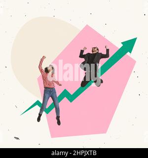 Kreatives Design. Zwei glückliche und begeisterte Mitarbeiter feiern den Erfolg Stockfoto
