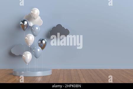 3D Rendering-Szene mit glänzenden Ballons, Podium. Stockfoto