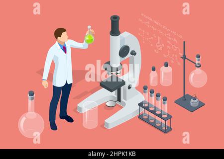 Isometrisches chemisches Laborkonzept. Laborassistenten arbeiten in wissenschaftlichen medizinisch-chemischen oder biologischen Laborexperimenten. Labor Stock Vektor