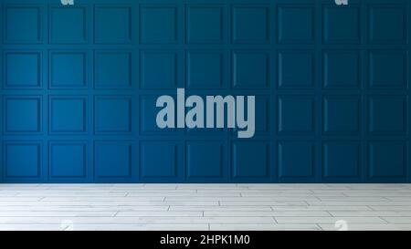 Blaue quadratische dekorative Wandpaneele mit Holzparkett leerer Raum Konzept 3D Illustration Stockfoto