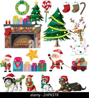 Weihnachts-Set mit Baum und Dekorationen Illustration Stock Vektor