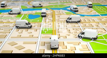 Lieferwagen auf Stadtplan. Flotte von Lieferservice. 3D Abbildung Stockfoto