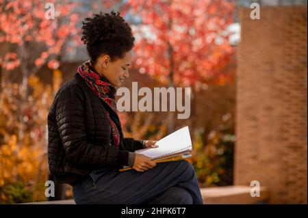 Dunkelhäutig sitzendes Mädchen auf der Bank mit Büchern in den Händen Stockfoto