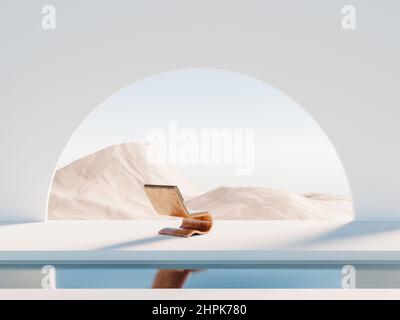 Surreale Landschaft und Interieur mit Lounge und Wasserbecken. Bogenrunde Wand. 3D Rendering von restaurativen Eskapismus Stockfoto