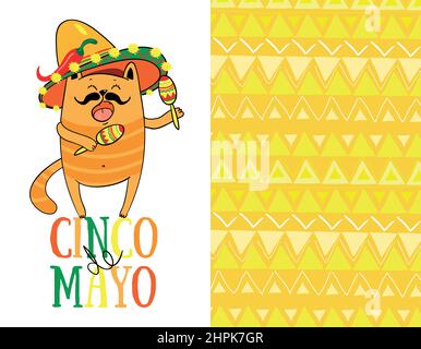 Cinco de Mayo-Logo mit Schriftzug und mexikanischer Katzenfigur mit Sombrero. Vektorgrafik EPS10 Stock Vektor