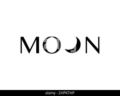 Illustration des Wortsymbols der Schriftart Mond Mondsichel-Logo-Zeichen Vektor-Karte Hintergrund. Handgeschriebenes schwarzes Alphabet-Element. Ramadan-Symbol. Stock Vektor