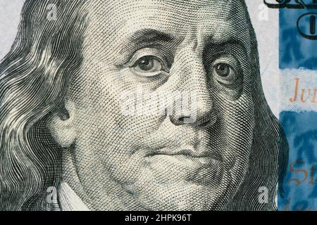 Nahaufnahme von Benjamin Franklin, ein 100-Dollar-Schein. Stockfoto