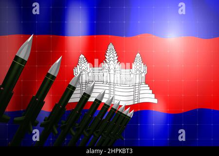 Marschflugkörper, Flagge Kambodschas im Hintergrund - Verteidigungskonzept - 3D Illustration Stockfoto