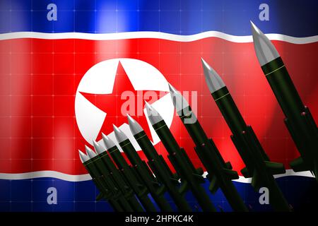 Marschflugkörper, Flagge Nordkoreas im Hintergrund - Verteidigungskonzept - 3D Abbildung Stockfoto